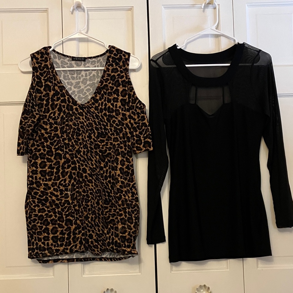2 VENUS Tops -Leopard Print Cold Shoulder, Blk Mesh Neck, Shoulders & Sleeves.